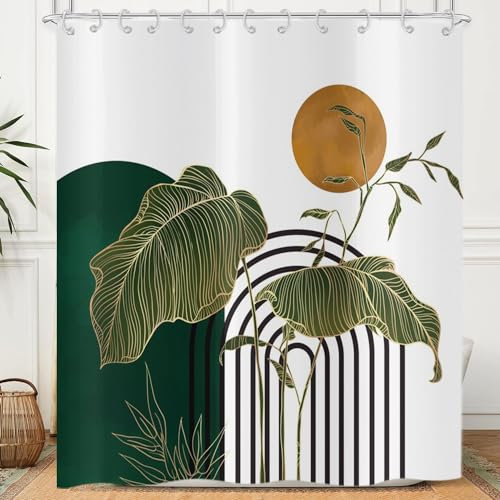 Hnmdmyi Rideau de Douche Boho 180x200, Mid Century Abstrait Vert Emeraude Feuilles Lignes Géométriques Moderne Minimaliste Soleil Esthétique Rideau de Bain Imperméable Polyester Tissu Rideau de Bain