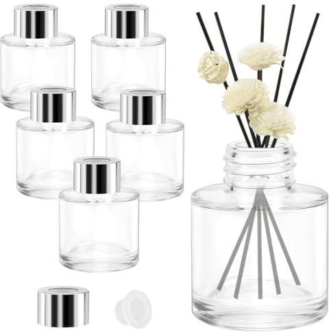 EMAGEREN 6 Pcs Flacon Diffuseur en Verre 50ml Diffuseurs Ronds Vides en Verre Transparent Bouteille Diffuseur Diffuser Jars Flacon Vide Huile Essentielle pour Home Fragrance, aromathérapie, Parfum