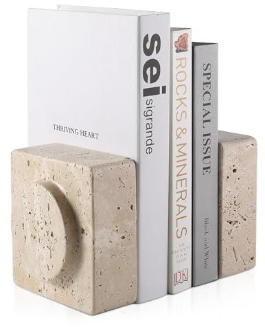 Koville Marble Square Book Ends, Heavy Duty Book Holders, Bookends for Shelves, Office Bookshelf Decor for CDs/Video Games(Travertino Romano)