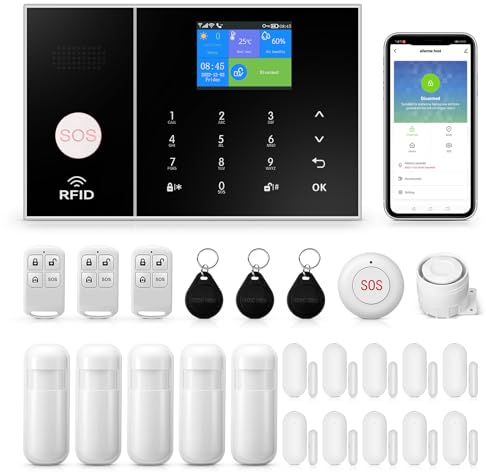 WiFi Kit de Alarma de Seguridad para el hogar Inteligente, gsm Sistema de Alarma inalámbrico para el hogar, Soporte SMS Push/Alarma de conexión de aplicación (Kit de 24 Piezas)