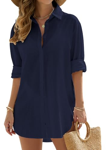 Vancavoo Women's Beach Cover Up Shirts Bikini Coverups Swimsuit Beach Dress Cotton Button Down Casual Long Sleeve Beachwear Loose Cardigan Blouse Tops Swimwear(Navy Blue,L)
