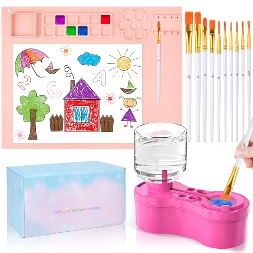 Painting Station, Silicone Painting Mat and Paint Brush Cleaner, 20X16 Silicone Art Mat with 10 Paint Brushes, Paint Brush Rinser, Art Painting Supplies Set (Pink)