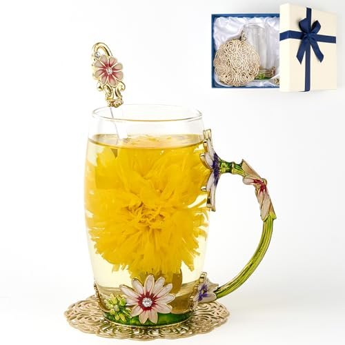 Teetasse mit Blume, Schmetterling, Gänseblümchen, klares Glas, ausgefallene Kaffeetasse mit Löffel, Geschenkbox für Mutter, Ehefrau, Oma, Mädchen, Freunde, Valentinstag, Weihnachten, Geburtstag,