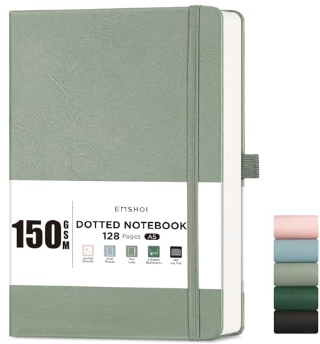 EMSHOI A5 Notizbuch Dotted Journal - 150 g/m² dickes Papier, Hardcover Leder Punktraster Notizbuch für Bullet Journaling mit 128 Seiten, Journal Schablonen, Innentasche, 21,3 x 15 cm, Hellgrün