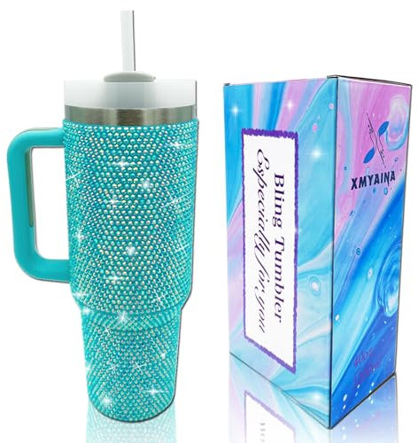XMYAINA Trinkbecher mit Griff und Strohhalm-Deckel, mit Strassbesatz, vakuumisoliert, Edelstahl, doppelwandig, Reisebecher, Geschenke für Frauen und sie, Blau