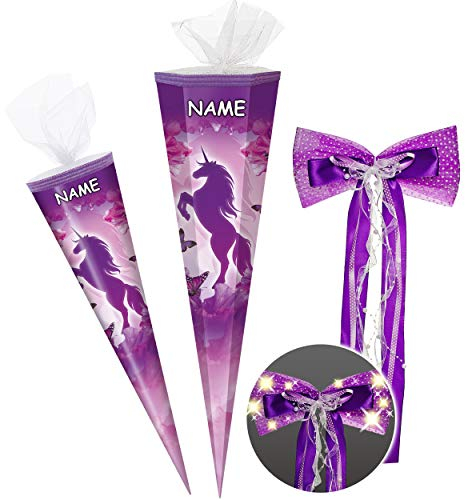 alles-meine.de GmbH Schultüte - mit 3D Glitzer - Effekt ! - Einhorn & Schmetterling - lila violett - 50-85 cm - Größe wählbar - 6 eckig - incl. Name und große LED LICHT - SCHLE..