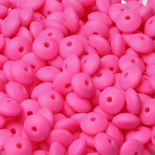 LAIDANLA 150PCS Hot Pink Silicone Lentil Beads,12mm Silicone Beads Bulk Silicone Abacus Beads for Keychain Bracelet Necklace Crafts Pen Making Loose Spacer Beads