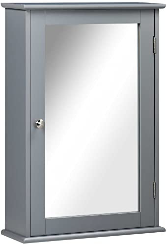 kleankin Armoire Murale de Salle de Bain avec Miroir - Armoire à Glace - Placard de Rangement Toilettes - 1 Porte, 2 étagères - Verre et Bois dim. 41l x 14l x 60H cm Gris