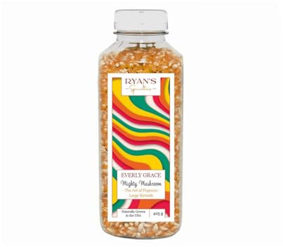 Everly Grace Gourmet-Popcornmais - Mighty Mushroom (425 g Flasche) – Große, runde Popcorn-Flocken für die eigenen perfekt umhüllte Karamell- & Schoko-Kreationen – US-Import für knuspriges Popcorn