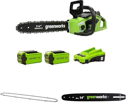 Greenworks Motosega a Batteria con Motore Brushless, Lunghezza Barra 14 Pollice (35cm), 2 Batterie da 40V 2Ah e caricabatterie + Greenworks 35cm Catena + Greenworks 35cmBarra