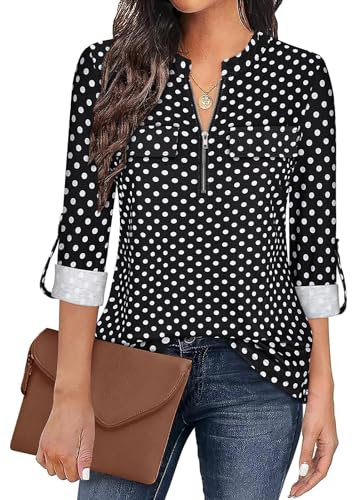 Gemulate Ladies Tops Black White Dot Shirt for Women Zip Up Plaid Tunic Blouse 3 Quarter Sleeve Shirt for Women Floral Printed Shirts Long Tops to Wear with Leggings - Black White Dot, L