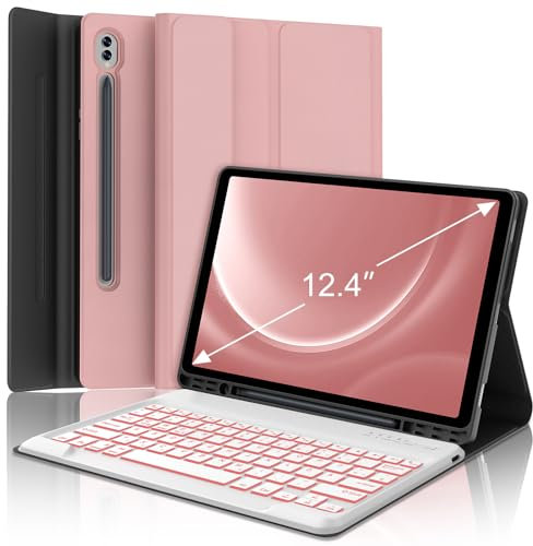 WAVATA Tastatur für Samsung Galaxy Tab S10+ 2024/S9 FE+/S9 Plus 12.4 mit Beleuchtung, Hülle mit Tastatur für Samsung Tab S10 Plus Magnetische Abnehmbar Deutsches QWERTZ Layout, Roségold