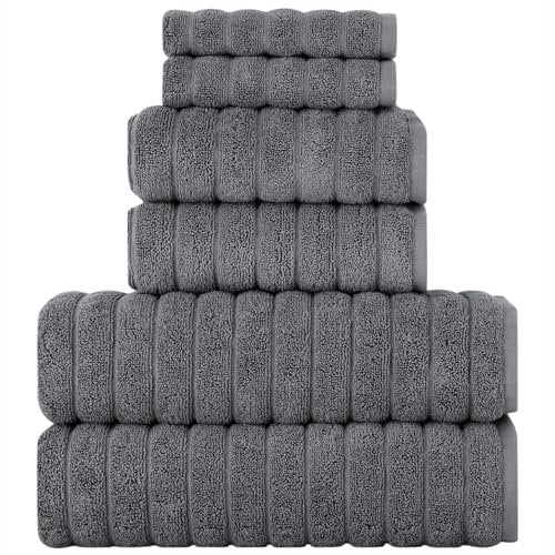 BERIBO Turkish Towel Set 100% Cotton (Cloud) 6 Pieces, 620gsm (Grey)