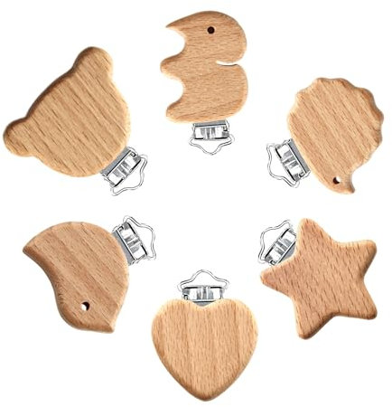 Schnullerclip, 6 Stück Holzclip für Schnullerkette Verschluss Holztiere Schnullerketten Clips Nuckelclip Baby Schnullerketten Zubehör für DIY Schnullerkette Basteln