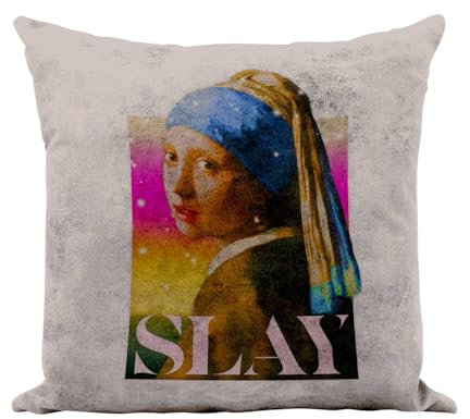 Fabulous Kissenhülle, Kunstleder, kamelfarben, Vermeer Slay Collage, Vintage, Illustration, Kunst, Humor Parodie, Meme, Gemälde, Zoomer, Millenials, 40 x 40 cm, Leder-Haptik