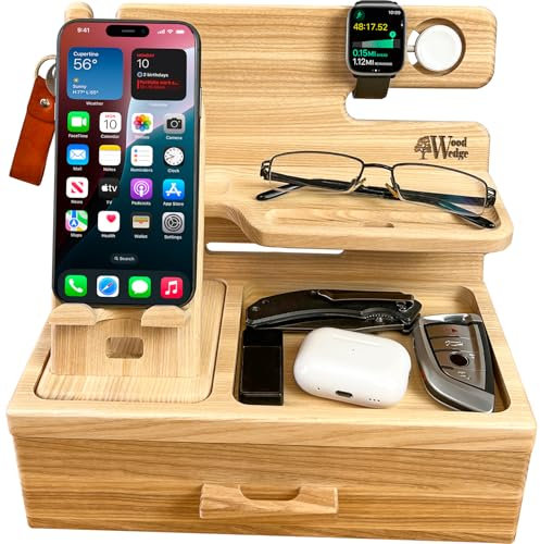 Wood Wedge Holz Dockingstation – 2-in-1 Nachttisch & Schreibtisch Organizer mit abnehmbarem Handyhalter & Schublade, Geschenk für Männer & Frauen, Geburtstagsgeschenk für Papa, Mama