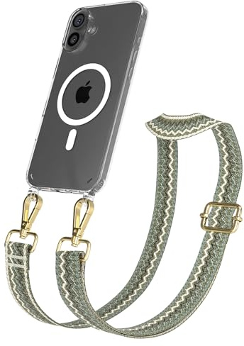 EAZY CASE Handykette - Verstellbares Taschenband kompatibel mit iPhone 16 Plus, Schulterriemen, Handykordel mit Silikon Hülle, Qi Charging kompatibel, Umhängetasche, Grün Beige Gold