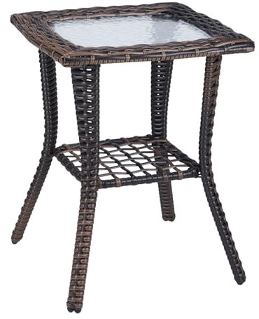 Bonnlo Small Rattan Side Table with Tempered Glass Top, Garden Coffee Tables for Outside, Weatherproof for Patio Porch Backyard Brown