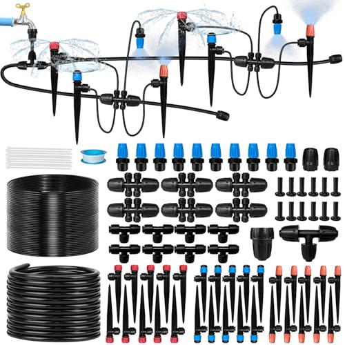 Tropfbewässerungssystem für den Garten, mit 40 Düsen und Strahlern, Teich-Wasserspiel-Set mit 1,27 cm und 1/4 Zoll Rohr und Widerhaken-Armaturen – Verstellbares Sprinkler-Set für Gewächshaus, Rasen