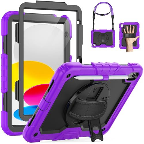 SEYMAC Coque pour iPad (A16) 11ème/10ème génération 2025/2022 11/10.9 Pouces, Étui Antichoc avec Protection D'écran, Support Rotatif à 360°, Porte-Crayon, Bandoulière, Violet