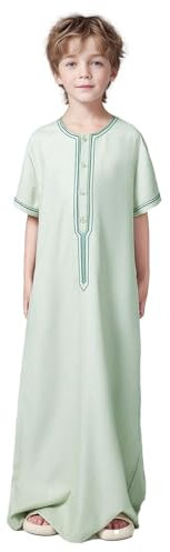 Kinder Jungen Arabischer Islam Thobe Türkische Stickerei Knopfleiste Thobe Islamisch Arabisch Wear Dubai Stil Ethnische Kleidung Loose Fit Baumwollmischung, grün, 11-12 Years
