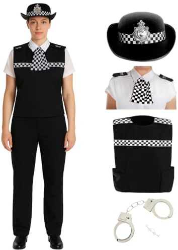 Womens Police Officer Costume – Adult Cop Uniform Outfit with Police Vest, Hat, Cuffs, Epaulettes & Scarf for Fancy Dress, Role Play, Halloween Party & Stag Do