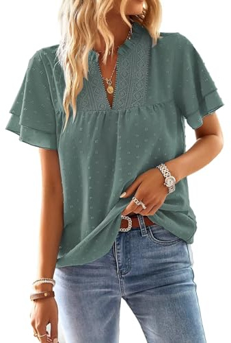 TUUHAW T Shirt Donna Elegante Manica Corta Magliette con Scollo a V Estiva | Boho Camicia, Casual Volant Abbigliamento, Pizzo Top, Casual Camicia, Traspirante Classica Lavoro, Vintage Affari Tunica Moda
