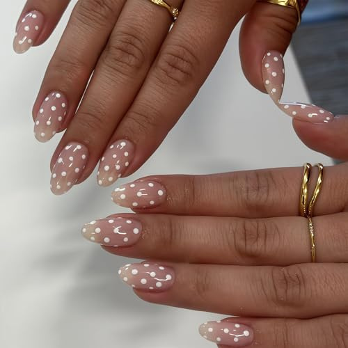 Auroriel 24 Pieces Polka Dot Almond Press On Nails With White Dots Glossy Reusable Artificial Full Cover Nails Glue Tabs Easy Application For Women Manicure
