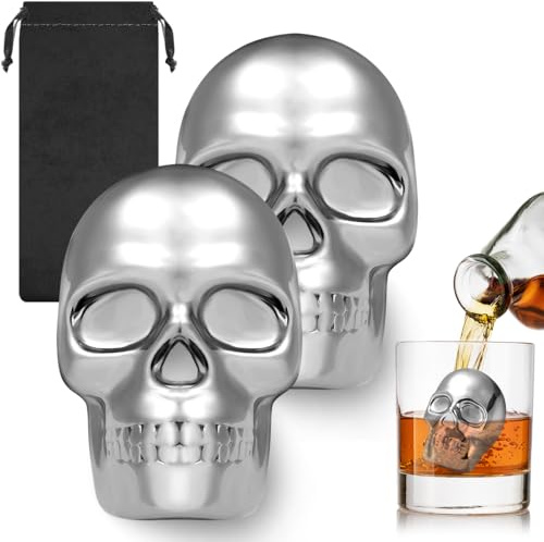 2Pcs Skull Whiskey Stones, Reusable Ice Cubes for Drinks, Metal Ice Rocks for Rum, Whisky Stones with Pouch, Barware Accessories, Wine Gifts, Skull Gifts for Men, Father's Day Birthday Gift for Dad