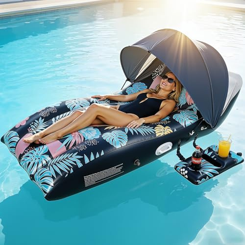Deyhoc Pool Floats Lounger with UPF50+ Canopy Adjustable, Inflatable Large Floating Chair Ergonomic Design, with Cup Holders, Perfect for Swimming Pool, Beach, Lake, Party - Dark Blue