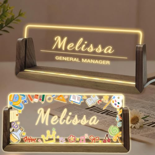 Personalised Acrylic Light Up Name Plate For Desk Custom Desk Name Plate Sign With Warm LED Light & Wooden Base Customised Office Accessories for Boss Teacher Employee