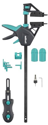 wolfcraft Pro Ergo 6970000 - Juego de construcción de terrazas (11 piezas, kit completo para montaje uniforme de tablones de terrazas, abrazadera de montaje, distanciador, ayuda a taladrar, taladro