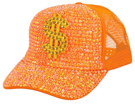 BF Souvenirs UV Neon Strass Dollar Basecap – Glitzer Cap mit Dollar Zeichen, Festival & Party Hut, Hip Hop Disco Accessoire für Fasching Karneval JGA