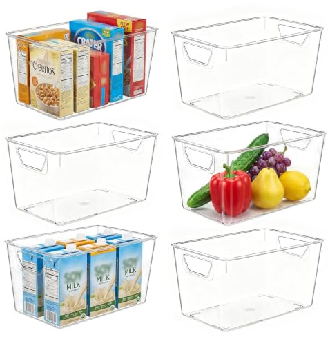 zxevg Clear Acrylic Storage Boxes 6-Pack with Handle | Plastic kitchen storage boxes for fridge, pantry, bathroom & desk. Organise makeup, toys, books & snacks