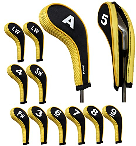 Andux Number Print Golf Iron Club Head Covers Long Neck with Zipper 12pcs/Set Black/yellow