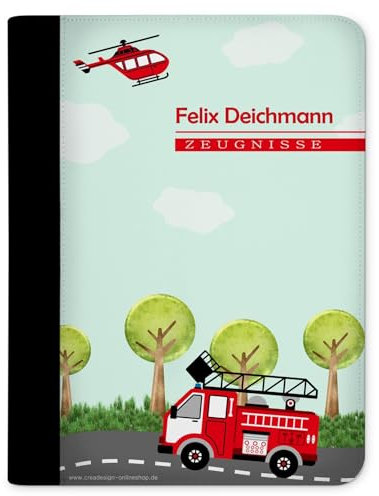 CreaDesign, Kinder Zeugnismappe personalisiert mit Namen, Zeugnis Mappe Feuerwehr, DIN A4, 26,7 x 32,7 x 1 cm, Rücken schwarz