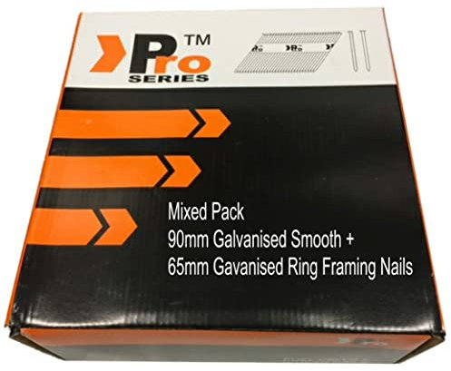 Mixed Pack 90mm Galvanised Smooth + 65mm Gavanised Ring Framing Nails,Clipped D-Head, 2k Nails, for DEWALT 18v Cordless DCN692