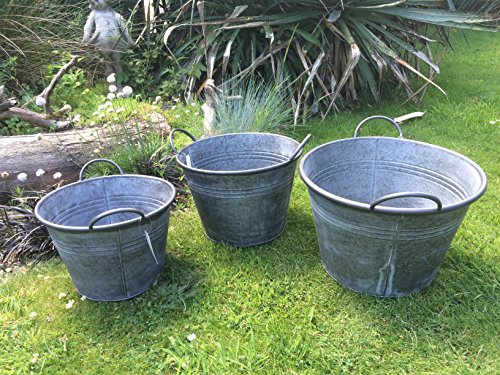 Patio and Terrace Set Of 3 Round Vintage Zinc Galvanised Metal Garden Flower Planter Tub Pot Buckets (L)