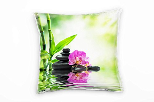 Paul Sinus Art künstlerische Fotografie, grün, Bambus, Orchidee Deko Kissen 40x40cm für Couch Sofa Lounge Zierkissen - Dekoration zum Wohlfühlen