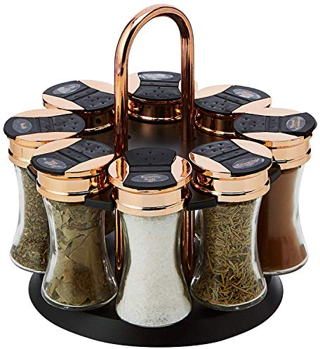 Tower T826020RB Rose Gold, Rotating Spice Rack with 8 Jars, Pre Filled with Spices