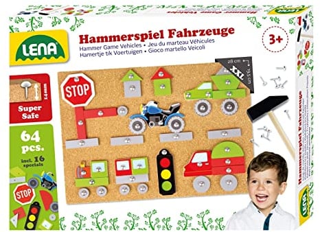 Lena 65826 - Hammerspiel Fahrzeuge, Nagelspiel mit 64 farbigen Teilen in verschiedenen Formen, Grundplatte aus Kork, ca. 28 x 19,5 x 1,4 cm, Hammer und Nägel, Hämmerchenspiel für Kinder ab 3 Jahre
