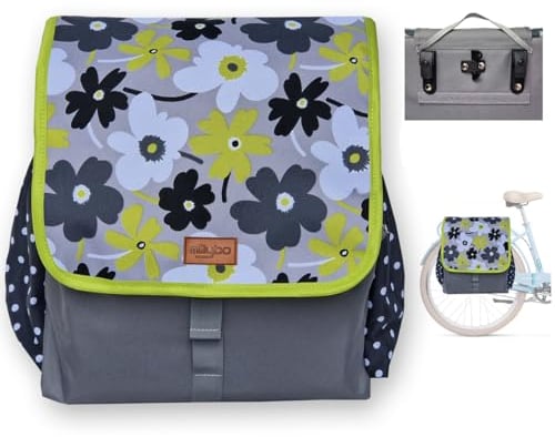 millybo BETSIE Single Gepäckträgertasche Fahrradtasche Gepäckträger Tasche Fahrrad Tasche viele Muster (110.004 Meadow&Dots Grey-Lime)