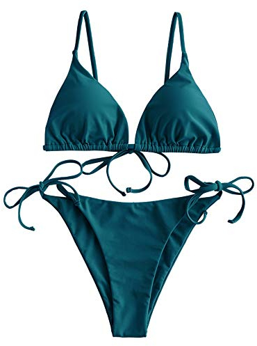 ZAFUL Damen Gepolstert Bikini Set, Einfarbig Bikini Badeanzug mit Dreieck Cup Spaghetti-Träger (Pfauenblau, M)