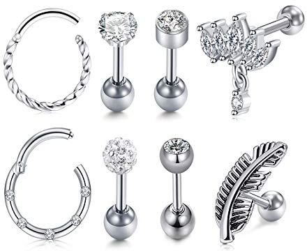 Rajnard Tragus Ohrstecker - Helix Knorpel Cartilage Piercing, 8 Stück 16G Silber, Chirurgenstahl Clicker Ring