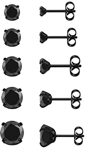 JOVIVI Black Stud Earrings for Women Men, 5 Pairs Hypoallergenic Small Cartilage Tragus Earrings Stainless Steel Cubic Zirconia Ear Stud Set Piercings Jewellery (3mm,4mm,5mm,6mm,8mm)