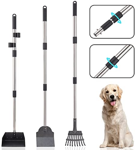 Bamda Hundekotschaufel, Dog Poop Scooper für Hundekot mit Verstellbarem Langem Griff, Tablett, Harke, Spaten, Kotschaufel aus Metall für Große Mittelgroße Kleine Hunde, Rasen Schmutz Kies-3er Pack