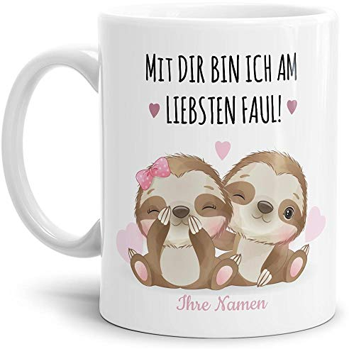 Tasse Faultier mit süßem Spruch - personalisierbar mit Wunschnamen - Geschenkidee für Partner oder Partnerin - Weiß, 300 ml
