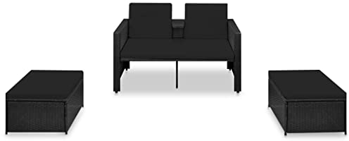 vidaXL Gartenmöbel 3-TLG. mit Auflagen 2-Sitzer Sofa Lounge Hocker Gartensofa Sitzgruppe Gartenset Garten Garnitur Poly Rattan Schwarz