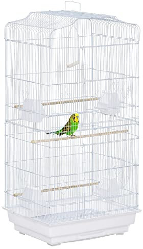 Pawhut Cage à Oiseaux volière avec mangeoires perchoirs Plateau excrément Amovible Cage pour canaris perruches perroquets 46,5 x 35,5 x 92 cm Blanc