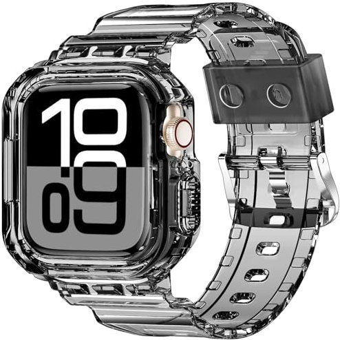 XYF Kompatibel mit kristallklaren Apple-Watch-Armbändern, 45 mm, 44 mm, 42 mm, für Damen und Herren, Jelly-Sportarmband, für iWatch Ultra 2/1, Serie 10, 9, 8, 7, SE, 6, 5, 4, 3, 2, 1 (ClearBlack,
